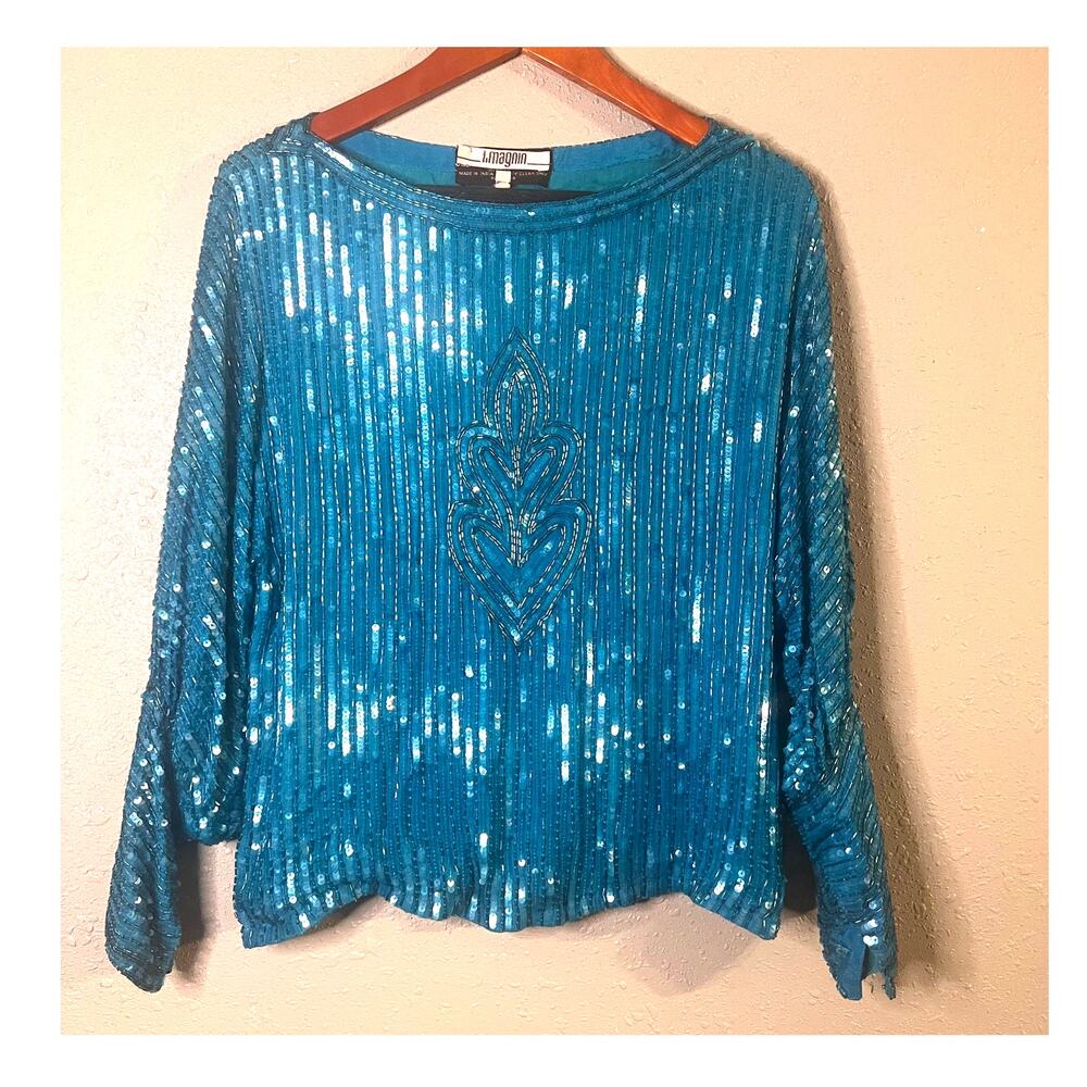 VTG Beaded I Magnin Women's Teal Blouse sz M w/ glass beading Retro Formal Gala